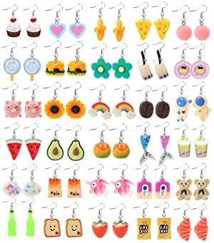BOMOGLE 30 Pairs Cute Weird Fun Earrings for Women Kawaii Earrings Rainbow Sunflower Bottle Cheese Croissants Fries Food Drop Dangle Earring Set for Girls