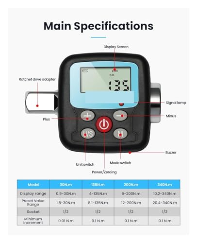 POAHNCU Digital Display Torque Meter, Digital Torque Wrench 1/2'' Electronic Torque Adapter Wrench for Bike Car Repair Hand Tool Set,Bicycle Car Repairing Tool(GN340) - Image 7