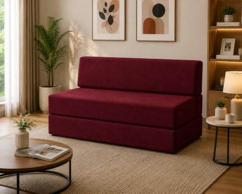 Image of Four Seater Sofa Cum Bed 6x6 Ft with Soft Foam Cushioning, Comfortable Foldable Sofa Bed for Living Room, Bedroom, Guest Room & Office(Mehroon)