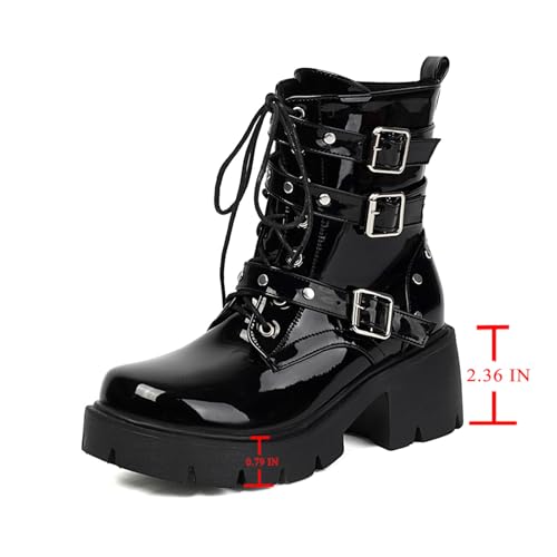 Image of FOREADA Goth Boots Chunky Heel Boot For Women Ankle Combat Booties Black Platform Bootie Buckle Rivets Punk Goth Shoes With Zipper