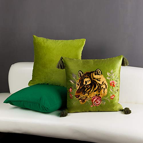 Jwh JW-TASSEL-TIGER Velvet Throw Pillow Cover Decorative Colorful Flower Emboidered Accent Pillow Case Print Cushion Soft Pillowcase Bed Living Room Couch Bedroom Decor Tassel 18X18 Inches Green thumb #8