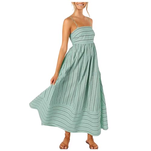 2026 Vestido de verano para mujer a rayas sin mangas maxi vestido swing corte midi espalda descubierta tirantes espaguetis Boho Flowy Long, verde, S