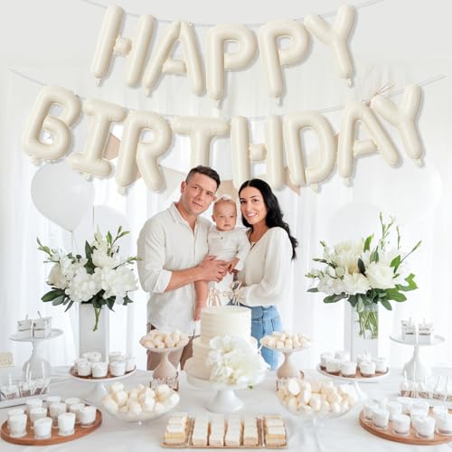 Image of Cream Happy Birthday Balloon Banner, Neutral Beige Happy Birthday Foil Balloon, 16 Inch Ivory White Sand Born Day Bunting Banner Letter Balloons for Men Women Birth Party Decorations Supplies