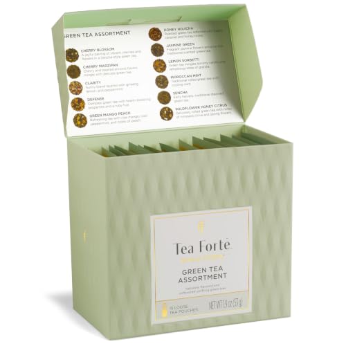 Image of Tea Forte Single Steeps Loose Leaf Tea Sampler, Assorted Variety Tea Box, 15 Single Serve Pouches, Green