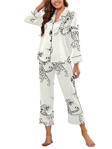 Husmeu Pyjamas for Women Silk Pjs Sets Cute Tiger Pattern Long Sleeve Two Piece Button Down Sleepwear Loungewear White Tiger XL