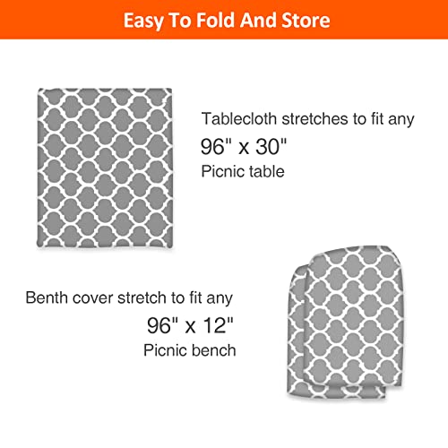 Kenobee 8Ft Picnic Table And Bench Fitted Tablecloth Cover, 96"X30" Flannel Backing Elastic Edge Waterproof Wipeable Plastic Cover Vinyl Tablecloth For Home Goods Indoor Outdoor Patio, Moroccan Gray #TOP4
