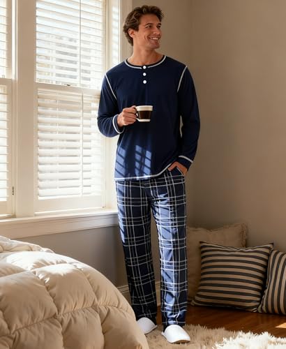 Image of Yoimira Mens Soft Pajama Set Short /Long Sleeve 2 Piece PJs with Pockets | Men's short /long sleeve pajama set, soft 2 piece PJs with pockets for sleepwear, loungewear, relaxing at home and nightwear