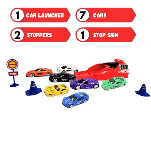 Image of Rapid Car Launcher with 7 Car Set - Red /Blue - High-Speed Car Launcher with 7 Die Cast Metal Stunt Cars, 2 Stoppers & Stop Sign | Racing Game for Kids | Master Racer Sports DieCast Car Toys