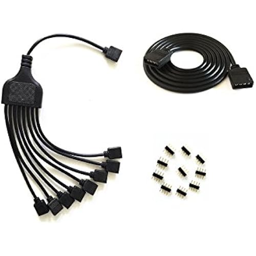 4 Pins black rgb LED Splitter Cable LED Strip Connector 8 Way Splitter Y Splitter for One to Eight RGB 5050 3528 LED Light Strips with,1m rgb wire，10x male to male 4pin plugs