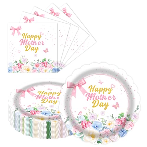 LDFDRT Mothers Day Decorations Flower Plates and Napkins Set of 20, 9 Inch Floral Paper Plates Disposable, Happy Mothers Day Paper Goods Tableware for Party Dessert Table Decor