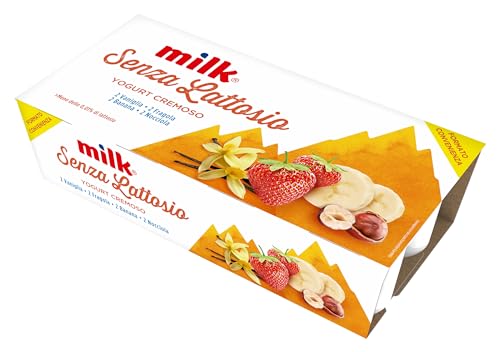 Milk Yogurt Senza Lattosio Con Fermenti Lattici Vivi Confezione 8 Vasetti (2 Vaniglia, 2 Fragola, 2 Banana, 2 Nocciola) Senza Glutine, Senza Conservanti Aggiunti (Misto 8 x 125 g)