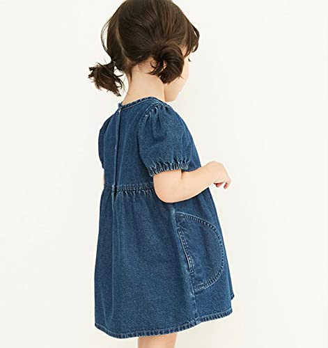 Geeda Flower Girl Dress Girl Summer Denim Dress Casual Soft Cute Beach Fashion Baby Girl Dress Daily Wear Knee Short Skirt Puff Sleeves (1506 7T) #TOP2