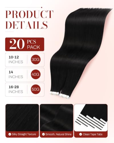 Image of Moresoo Natural Black Skin Weft Tape in Extensions, 28 Inch, 20Pcs, 50g | Tape in hair extensions, remy straight human hair, extra long hair, add length, natural look, easy daily styling