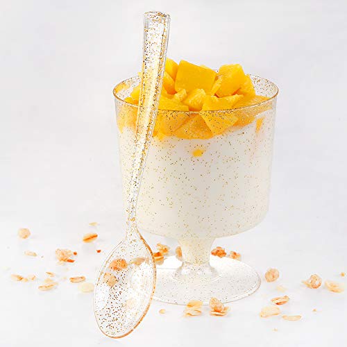 Wdf 96Pack 7Oz Gold Glitter Medium Large Plastic Dessert Cups With Spoons-48 Disposable Appetizer Cups |Wine Goblet Glasses & 48 Gold Glitter Tasting Spoons For Thanksgiving #TOP2