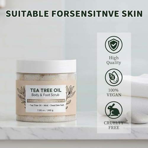 Generic Tea Tree Body & Foot Scrub 7.05oz - Exfoliating & Deep Cleansing Scrub with Natural Tea Tree Oil, Mint & Dead Sea Salt - Refreshing Skin Care for Men & Women - Smooth & Revitalizing Body Scrub