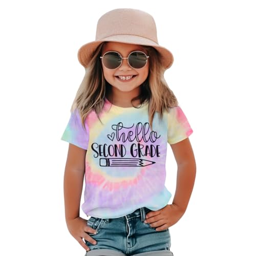 KEKEMI Kid Girls First Day of School Shirts Hello Second Grade T-Shirt Back to School Outfit Children Tees Tie Dye Tops 7-9Y(Second Grade-Purple1,8-9Y)
