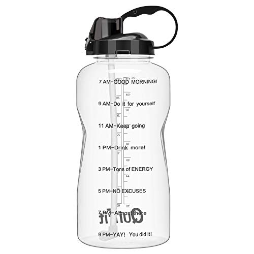 BuildLife Motivational Half Gallon Water Bottle BPA Free Wide Mouth with Straw & Time Marker to Ensure You Drink Enough Water Throughout The Day(64OZ,Clear)