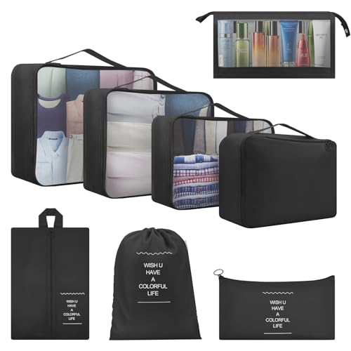 Packing Cubes for Suitcase, 8 PCS Travel Luggage Packing Organizers Waterproof Travel Essentials Bag Clothes Shoes Cosmetics Storage Bags (Dark Black)