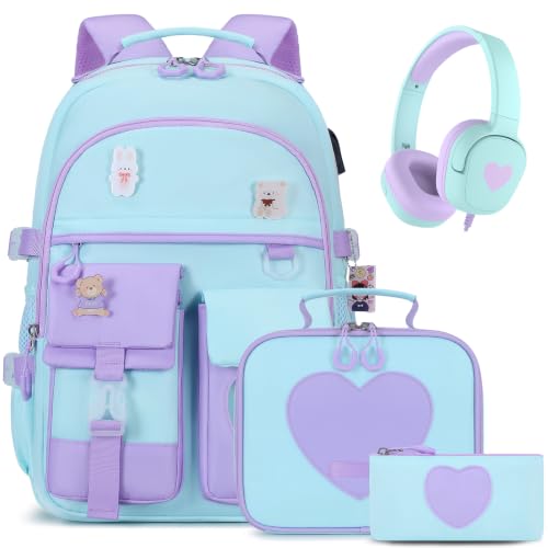 ACESAK Girls Backpack with Headphones, Insulated Lunch Box & Pencil Case