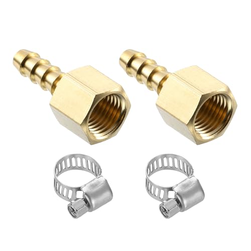 Image of sourcing map 2pcs Brass Hose Barb Fittings, 3/8" Barb x 1/4" NPT Female Brass Barb Pipe Fitting Adapter with 2pcs Hose Clamps for Water Fuel Air
