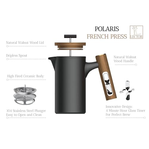 Image of Lector Polaris French Press Coffee Maker I 600ML, Ceramic Manual Coffee & Tea Brewer with Natural Wooden Handle & Lid | Strong Build, Superior Filtration, Innovative 4 Minute Hour Glass Timer (BLACK).