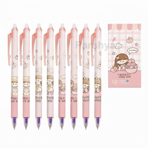 Image of Alokik 12 Pcs Cute Peach Girl Erasable Gel Pen Set 0.5mm Fine Tip Blue Ink - Cartoon Retractable Gel Pens with Eraser Tip, Smooth Writing Pens for Kids Girls School Office Supplies Stationery