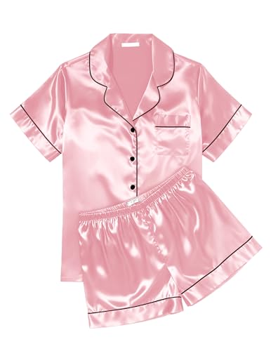 Image of Ekouaer Womens Silk Satin Pajama Sets Soft Short Sleeve Button Down Sleepwear Top and Shorts 2 Piece Pjs Lounge Set