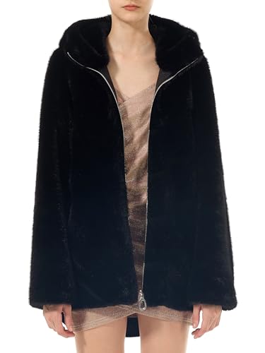 LUSI MADAM Women's Faux Fur Coat Zip Up Hoodie Faux Mink Fur Fluffy Open Front Hooded Jacket Fall Winter Coats with Pockets