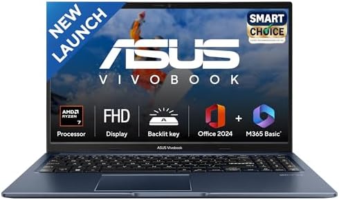 ASUS Vivobook 15, Smartchoice, AMD Ryzen 7 5825U, 16GB RAM, 512GB SSD, FHD 15.6″, Windows 11, Office Home 2024, Quiet Blue, 1.7Kg, M1502YA-BQ703WS, AMD Radeon iGPU, M365 Basic (1Year)*, 42Whr Laptop