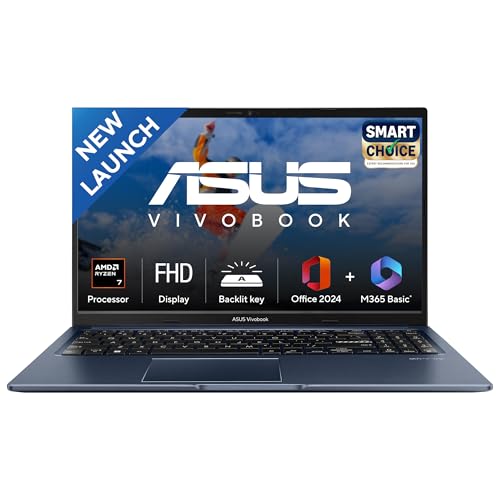 ASUS Vivobook 15, Smartchoice, AMD Ryzen 7 5825U, 16GB RAM, 512GB SSD, FHD 15.6", Windows 11, Office Home 2024, Quiet Blue, 1.7Kg, M1502YA-BQ703WS, AMD Radeon iGPU, M365 Basic (1Year)*, 42Whr Laptop view 1