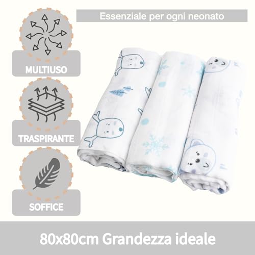 Bubblin, Set di 3 Mussole Neonato, 80x80 cm, Teli Neonati Quadrati, Tessuto doppio,100% Cotone Naturale, Certificato OEKO-TEX, Copertina Neonato, Unisex, morbide e soffici, Regalo Neonati (Volpe)