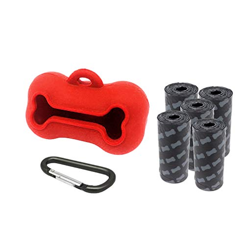Kolice 5 Rolls Portable Silicone Bone Shape Dog Poop Bags with Dispenser - Plastic Dog Pooper Bags Holders Refills Trash Can - Dog Pooper Scoopers & Bags for Outdoor Leash Travel (Red)