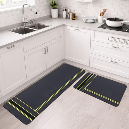 Image of Luxe Home Kitchen Mat Combo Stripe Design Standing Desk Floor Mat Non Slip Kitchen Rugs, Comfort Runner Floor for Home Office, Sink & Laundry - Grey (116x36 & 58x36 cm PC-2)