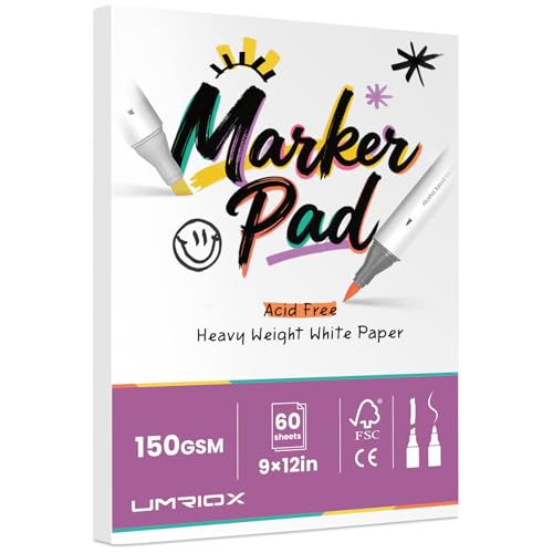 Umriox 60 Sheets Marker Paper Pad, 9'x12' Double Sided Bleedproof Art Sketchbook, 150 GSM Paper, Tape Bound Sketch Book for Alcohol Markers