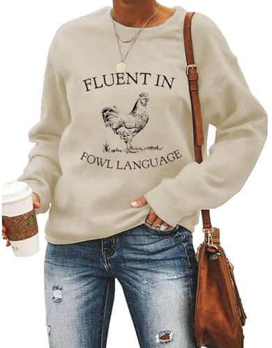 RMTXCD Chicken Sweatshirt Women Funny Fowl Quote Graphic Loose Crewneck Sweater Apricot