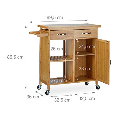 Relaxdays Carrito Cocina con Encimera, Cajones y 4 Ruedas, Bambú y Mármol, Marrón, 85,5 x 89,5 x 36 cm - imagen 4