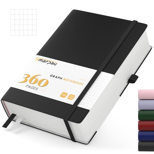 Smarpau Notizbuch A5 Kariert, Hardcover mit 100gsm 360 Seiten Dickes Journal, Tagebuch Leder, Notizblock für Erwachsene Arbeit, Schreiben, Notizen, Lernen, Reisen, 14.5 x 21 cm-Schwarz