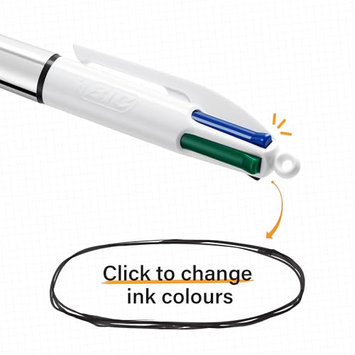 BIC Lot de 4 stylos à bille rétractables tout-en-un, multicolore, quatre couleurs d'encre, pointe moyenne de 1,0 mm, lot de 4, fûts originaux et brillants