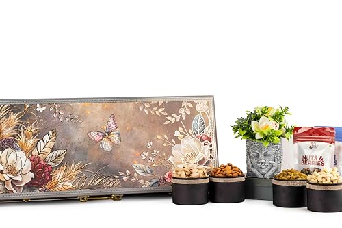Image of Browntree Maharaja-6P (1100Gms) | 6 in 1 Combo Pack - Almonds, Cashews, Pista , Raisins, Omega Seeds & Nut Berries with Decorative Flower Vase | Healthy Dry Fruits & Nuts | Festival & Corporate Gifts | Ideal Gift Box for all celebration