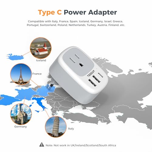 Image of TESSAN Universal Travel Adapter for 150+ Countries International Travel Adapter All in One with 4 AC Outlets 2 USB-A & 1 USB-C Ports 15W GaN Fast Charging Worldwide Plug Adapter (3 Pack)