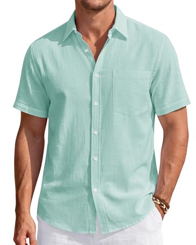 Image of J.VER Mens Linen Shirt Short Sleeve Button Down Casual Summer Shirts | Cotton Linen, Untucked, Big Tall, from Beach Camp Vacation, Cruise Fishing, Work Office, to Wedding Party Family, with Pocket