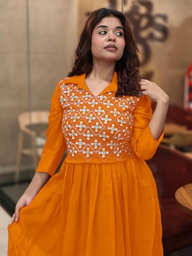 Image of EthnicJunction Women's Georgette Regular Fit Yoke Embroidery Anarkali Maxi Dress | Navratri Speical Kurta