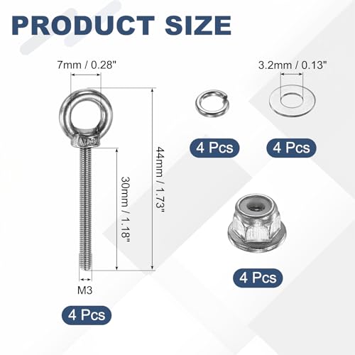 Image of PATIKIL M3 x 30mm Shoulder Eye Bolt, 4 Pcs 304 Stainless Steel Lifting Ring Threaded Eye Bolt with Flange Lock Nuts Spring and Flat Washers for Hanging Tie Down Straps Outdoor Indoor