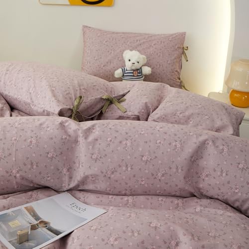 Image of Purple Floral Comforter Set Queen, 3 Pieces Cottagecore Aesthetic Cute Flowers Comforter Set for All Seasons, Coquette Floral Mauve Bedding Vintage Botanical Comforter with 2 Bow Ties Pillowcases