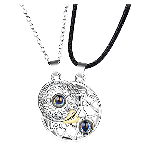 2 pièces Collier Soleil et Lune en Argent Sterling avec Je t'aime en 100 Langues Collier de Projection pour Couple Cover