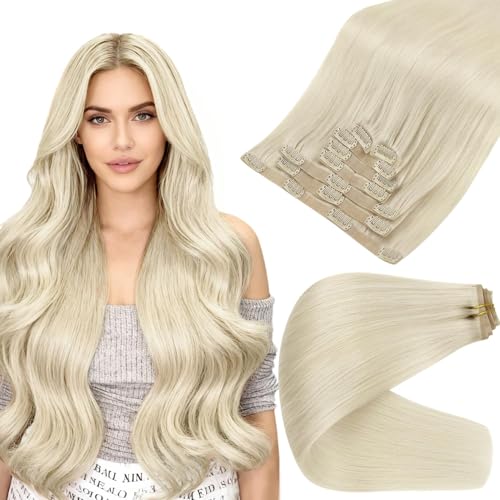 Image of Full Shine Blonde Human Hair Clip in Extensions, 22 Inch 120g 8 Pcs | Long Hair Extensions for Women, Seamless Clip Ins, Long Straight Remy Natural Hair, Adds Volume, Heat Styling for Wedding