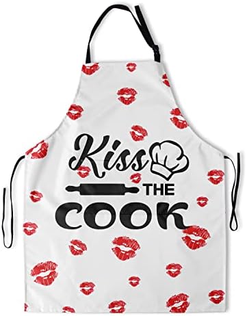 Funny Apron for Women - Kiss The Cook Kitchen Cooking and Baking Bib Apron for Chef Men Home Grilling Baking Valentine's Day Gift