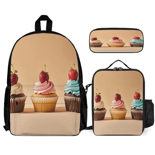 3-in-1 Backpack Combination Set Cupcakes Print 3Pcs Backpack Sets Travel Daypack with Lunch Bag And Cosmetic Bag