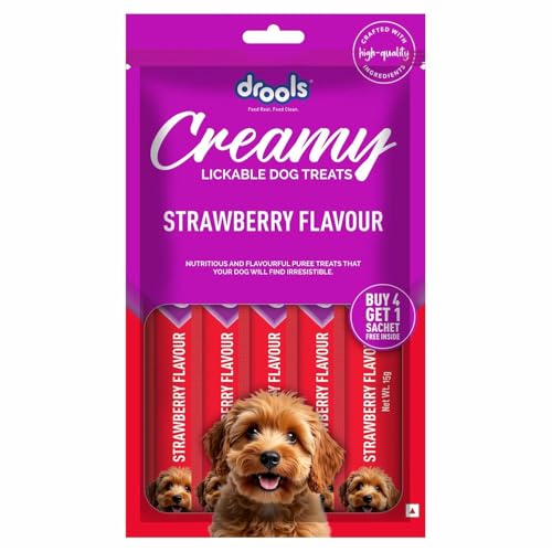 Image of Drools All Life Stages Dog Treats Creamy 5 Sticks Tasty & Nutritious Snack for All Breeds (15g x5) 75g | Strawberry Flavour | Ideal for Training | Supports Hydration | Boost Muscle Health