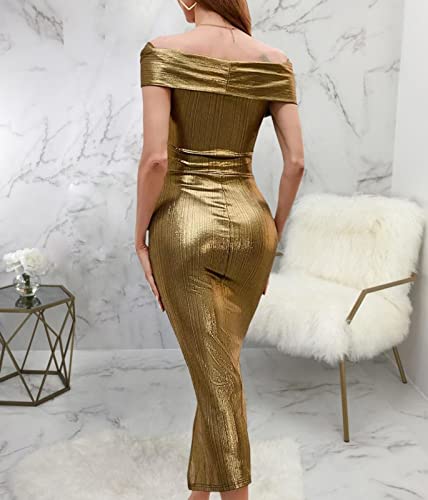 Gold Evening Gowns for Women High Split V Neck Off Shoulder Formal Dress Sparkly Party Prom Maxi Dresses